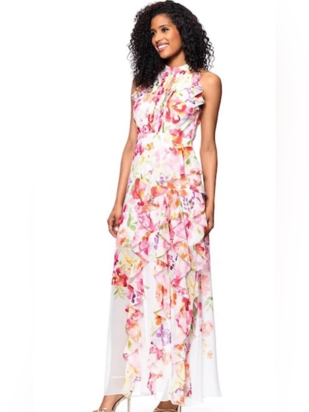 Women's Floral Print Ruffled Sleeveless Gown